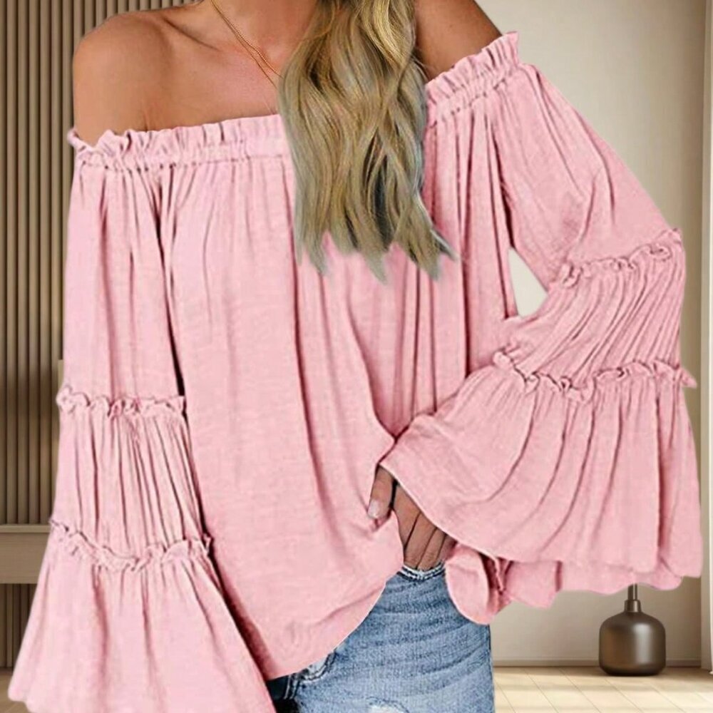 Baby Pink Casual Women's Off Shoulder Blouse Long Bell Sleeve Flared Loose Tops